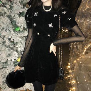 Long-sleeve Plain Top / Puff-sleeve Rhinestone Velvet Dress