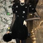 Long-sleeve Plain Top / Puff-sleeve Rhinestone Velvet Dress