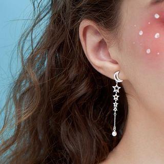925 Sterling Silver Faux Pearl Moon & Star Dangle Earring