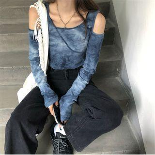 Cold-shoulder Tie-dyed Cropped Top As Shown In Figure - One Size