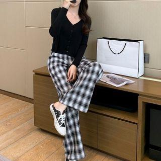 Button Up Knit Top / Plaid Wide Leg Pants / Set