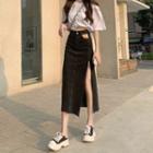 Set: Elbow-sleeve Cropped Top + Denim Skirt