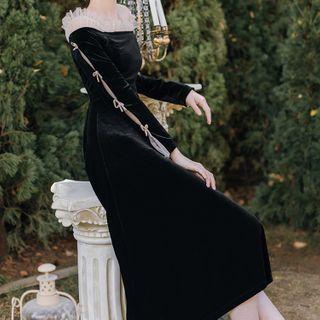 Ruffle Trim Long-sleeve Velvet Midi A-line Dress