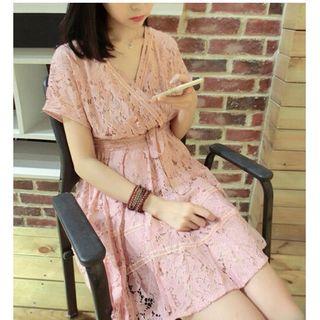 Set: Lace Short-sleeve Dress + Slipdress