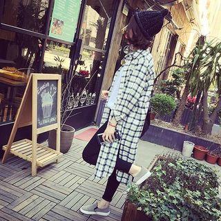 Long-sleeve Slit-hem Check Long Blouse