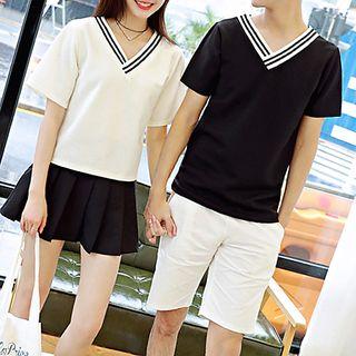 Couple Matching Set: Striped Short Sleeve V-neck T-shirt + A-line Skirt / Shorts