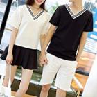 Couple Matching Set: Striped Short Sleeve V-neck T-shirt + A-line Skirt / Shorts