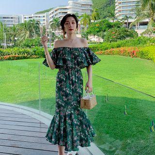 Off-shoulder Floral Print Midi Mermaid Dress