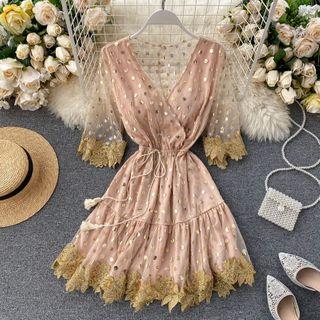 Short-sleeve Sequined Floral Embroidered A-line Mesh Dress Pink - One Size