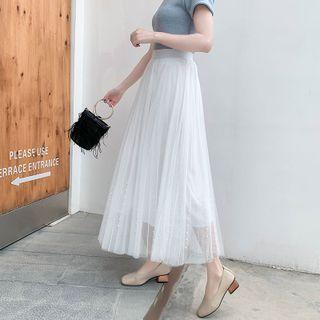 Faux Pearl Embellished Maxi A-line Mesh Skirt