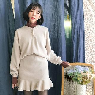 Set: Half-placket Pullover + Ruffle-hem Skirt