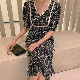 Short-sleeve Floral Lace Trim Chiffon Midi Mermaid Dress