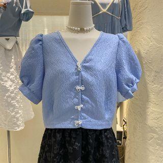 Cropped V-neck Pearl Bow Top