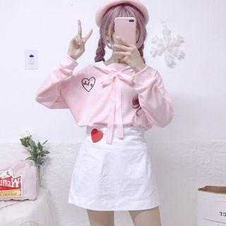 Sailor-collar Long-sleeve Top/ Heart-embroidered A-line Skirt