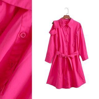 Long Sleeve Cutout Shirt Dress With Sash