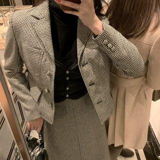 Houndstooth Button Blazer / Mini Pleated Skirt / Houndstooth Button Coat