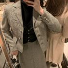 Houndstooth Button Blazer / Mini Pleated Skirt / Houndstooth Button Coat