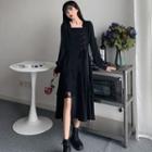 Long-sleeve Square-neck Lace Panel Lace Up Asymmetric Dress