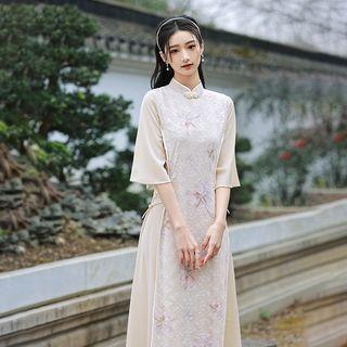 Bell-sleeve Embroidered Maxi Qipao Dress