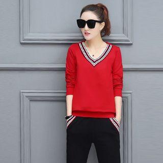 Set: Striped Neckline Pullover + Sweatpants