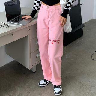 Lettering Heart Embroidered Wide Leg Jeans