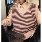 Long-sleeve Button-up Shirt / Sleeveless Striped Knit Top