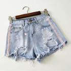 Velvet Trim Ripped Denim Shorts