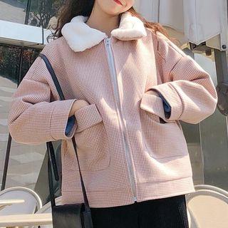 Gingham Fleece-trim Zip Jacket