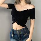 Off Shoulder Chain-strap Ruffled-trim Lace Panel Crop Top