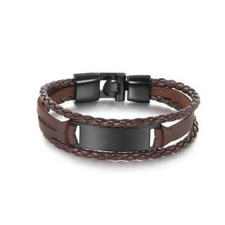 Fashion Simple 316l Stainless Steel Black Geometric Rectangular Brown Leather Bracelet Brown - One Size