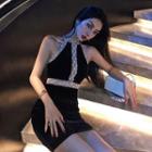 Sleeveless Halter Neck Lace Panel Velvet Mini Sheath Dress