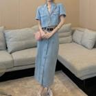 Short-sleeve Washed Denim Crop Shirt / Midi Skirt