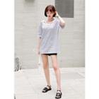 Elbow-sleeve Strap-detail Striped T-shirt