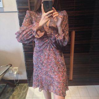 Bell-sleeve Floral Printed Ruffled Dress