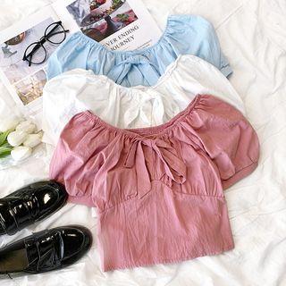 Puff-sleeve Plain Bow Cropped Top