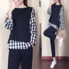 Set: Long-sleeve Gingham Top + Cropped Straight Cut Pants + Vest
