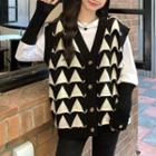 Long-sleeve Knit Panel T-shirt / Geometric Button-up Sweater Vest