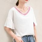 Printed Elbow Sleeve V-neck T-shirt