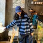 Lettering Striped Loose-fit Sweatshirt / Plain Loose-fit Pants
