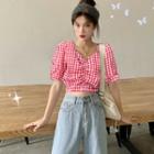 Short-sleeve Gingham Shirred Cropped Blouse / Washed Wide Leg Jeans