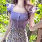 Set: Cap-sleeve Knit Top + Floral Long Wrap Skirt Purple - One Size