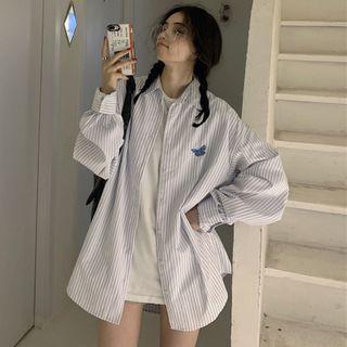 Butterfly Embroidered Stripe Shirt White - One Size