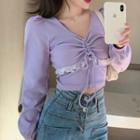 Long-sleeve Drawstring Lace Trim Knit Top Purple - One Size