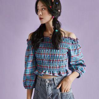 3/4-sleeve Plaid Smocked Top Blue - One Size