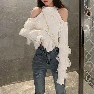 Cold Shoulder Fringe Sweater