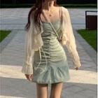Plain Ruched Suspender Skirt / Long-sleeve Cropped Shirt