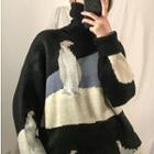Turtleneck Penguin Print Color Block Sweater