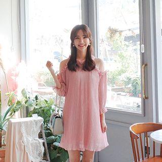 Cutaway-shoulder Frilled Pleated Dress