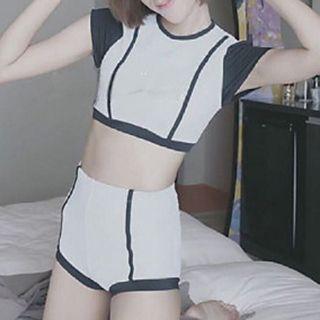 Set: Contrast Panel Sleeveless Rashguard + Swim Bottom