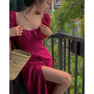 Puff-sleeve Square-neck Midi Shirtdress